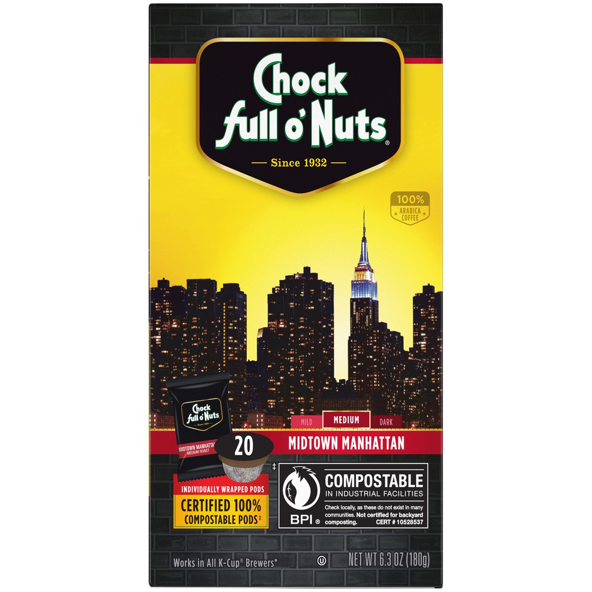 slide 5 of 9, Chock Full O' Nuts Midtown Manhattan Medium Roast Coffee Compostable Single Serve Pods - 20 ct, 20 ct