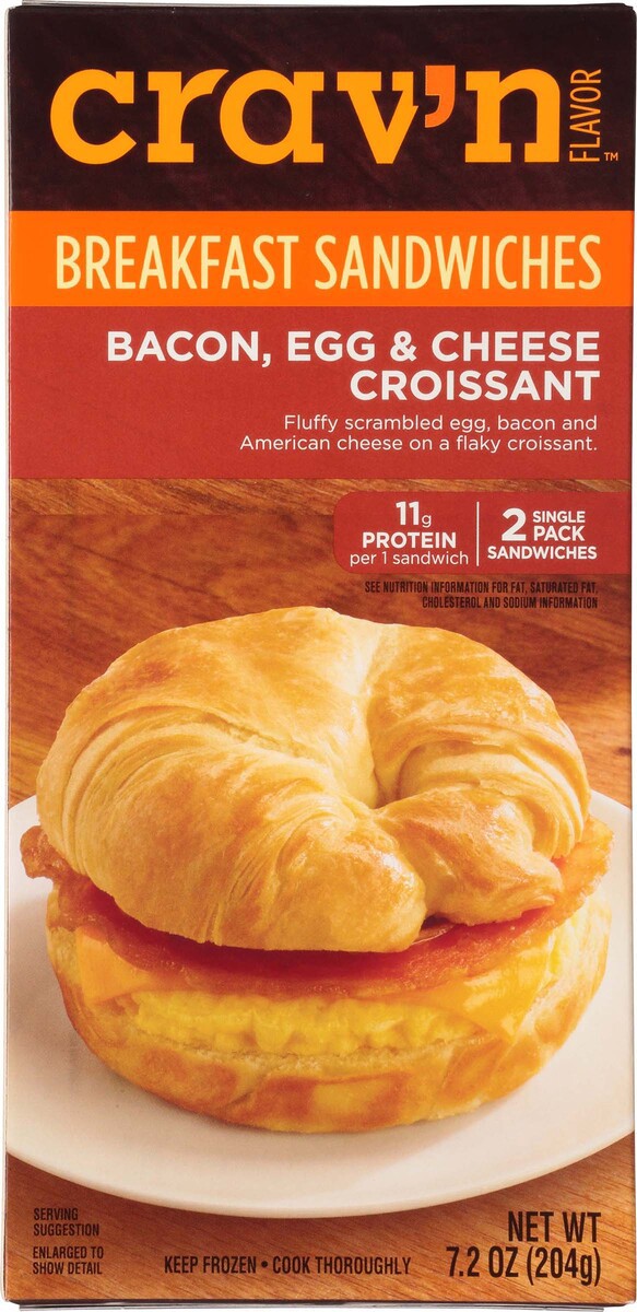 slide 11 of 18, Crav'n Flavor Bacon, Egg & Cheese Croissant Breakfast Sandwiches Single Pack 2 ea, 7.2 oz