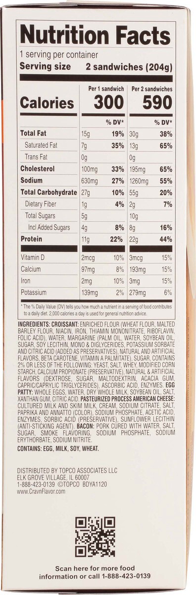 slide 16 of 18, Crav'n Flavor Bacon, Egg & Cheese Croissant Breakfast Sandwiches Single Pack 2 ea, 7.2 oz