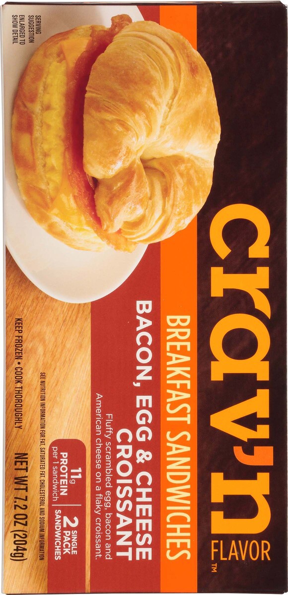 slide 6 of 18, Crav'n Flavor Bacon, Egg & Cheese Croissant Breakfast Sandwiches Single Pack 2 ea, 7.2 oz