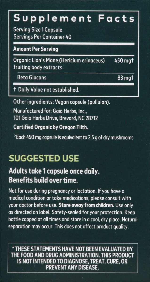 slide 10 of 13, Gaia Herbs Lion's Mane Mushroom 40 Vegan Capsules, 40 ct