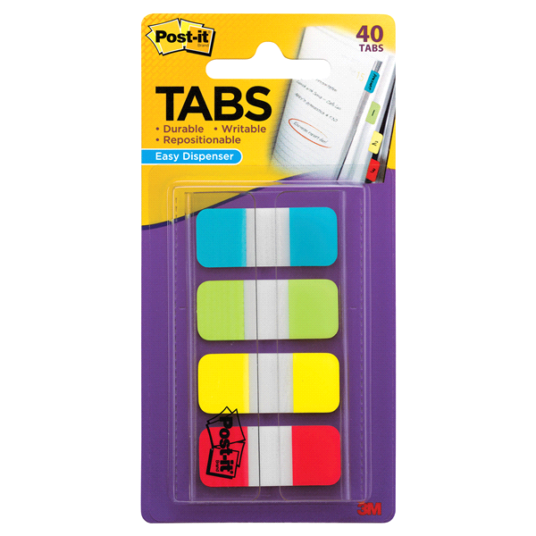 slide 1 of 2, Post-it Tabs Solid Aqua, Lime, Yellow & Red, 4 pk; 40 ct