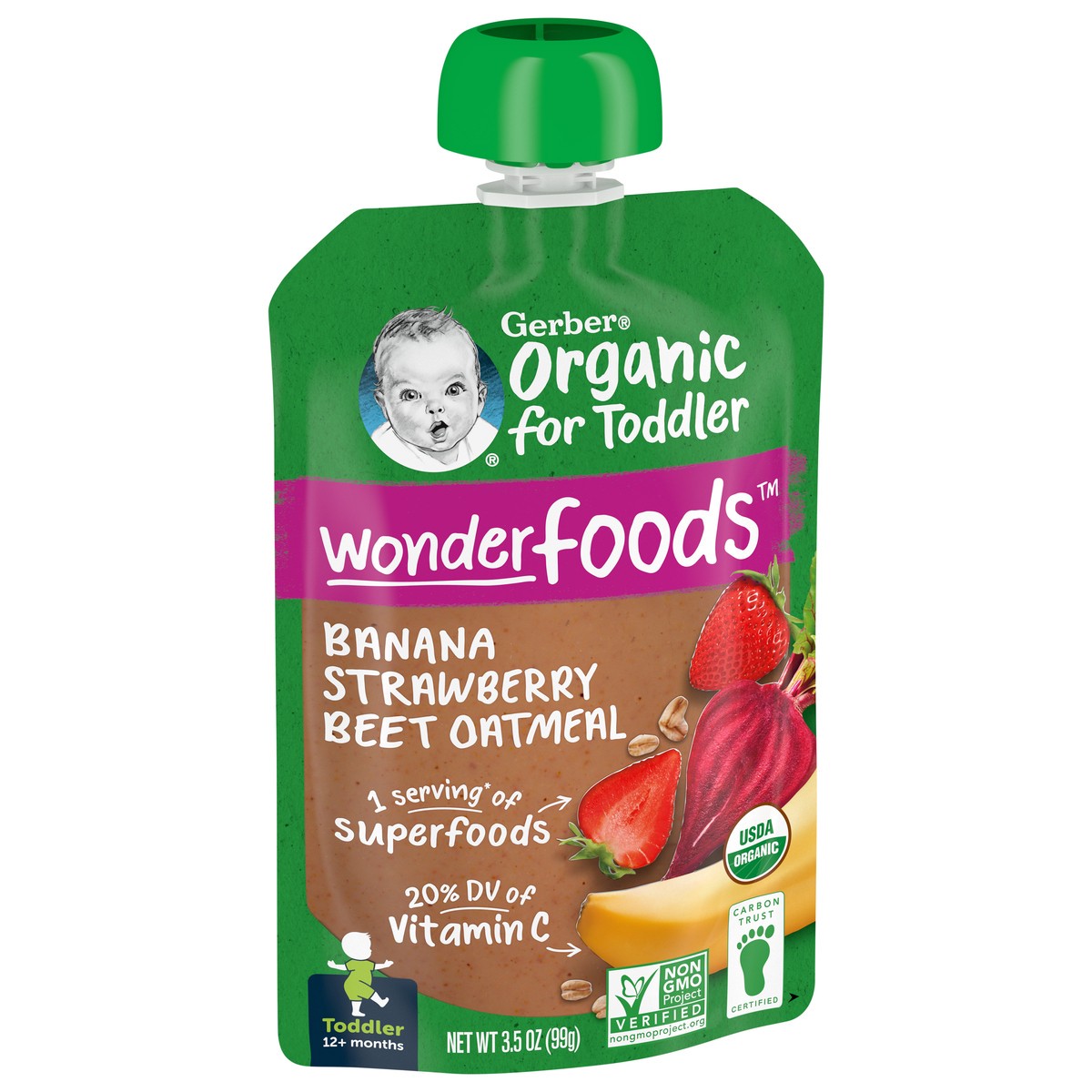 slide 9 of 9, Gerber Organic for Toddler WonderFoods, Banana Strawberry Beet Oatmeal, 3.5 oz Pouch, 3.5 oz