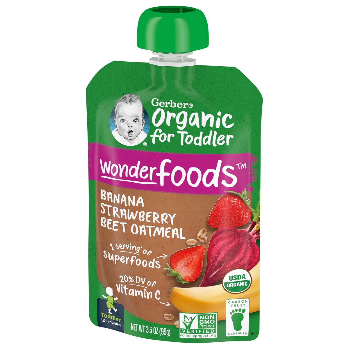 slide 2 of 9, Gerber Organic for Toddler WonderFoods, Banana Strawberry Beet Oatmeal, 3.5 oz Pouch, 3.5 oz