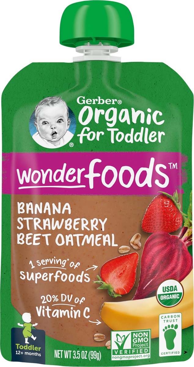 slide 7 of 9, Gerber Organic for Toddler WonderFoods, Banana Strawberry Beet Oatmeal, 3.5 oz Pouch, 3.5 oz