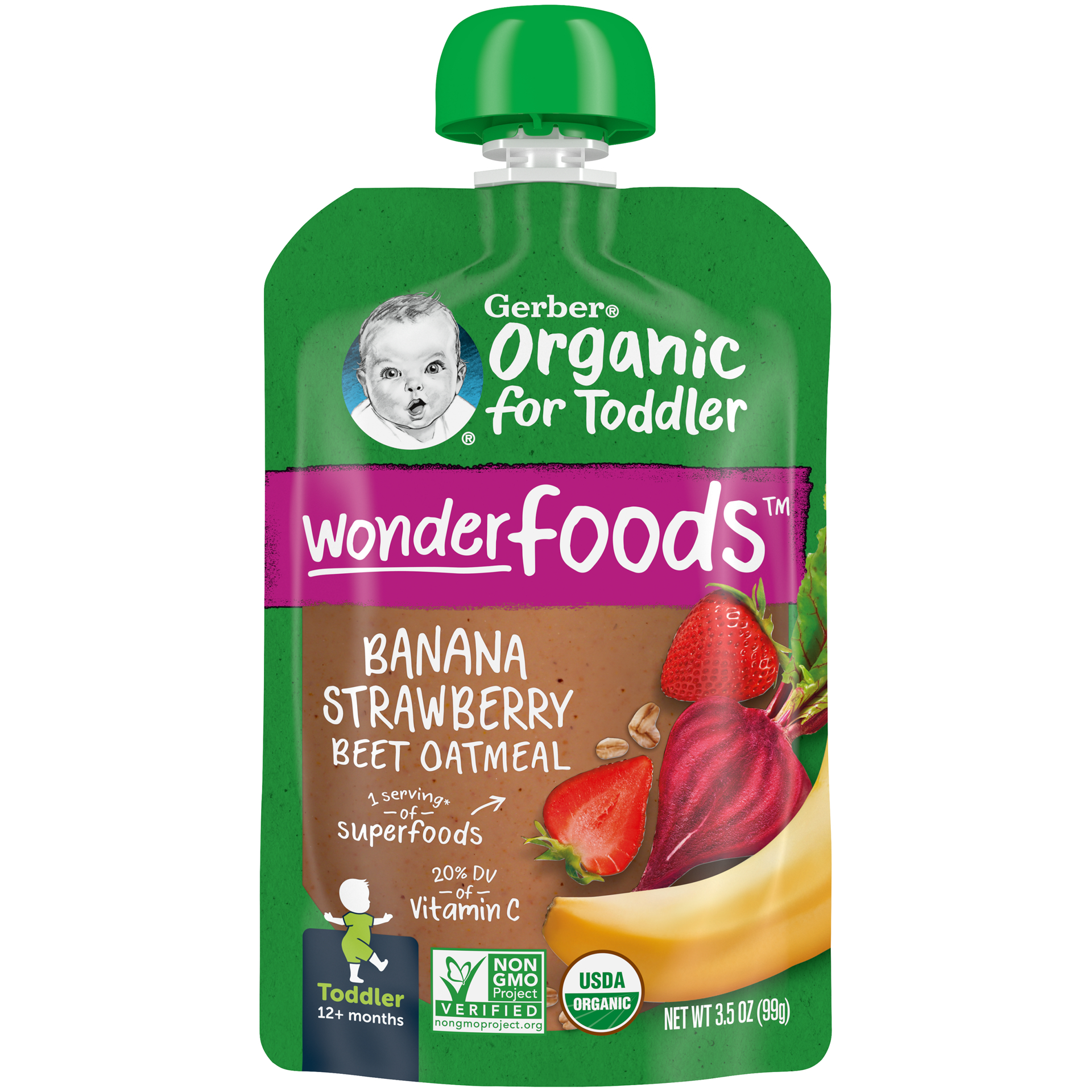 slide 1 of 9, Gerber Organic for Toddler WonderFoods, Banana Strawberry Beet Oatmeal, 3.5 oz Pouch, 3.5 oz