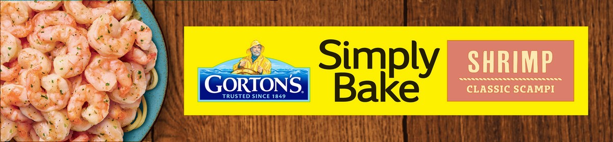 slide 8 of 13, Gorton's Simply Bake Classic Shrimp Scampi with Garlic, Butter, and Parmesan Cheese, 100% Whole, Tail-Off Shrimp, Frozen, 8.2 Ounce Package, 8.2 oz