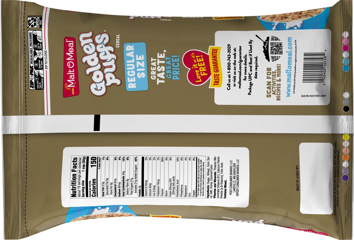 slide 2 of 7, Malt-O-Meal Golden Puffs Breakfast Cereal, Puffed Wheat Cereal, 17.7 OZ Bag, 17.7 oz