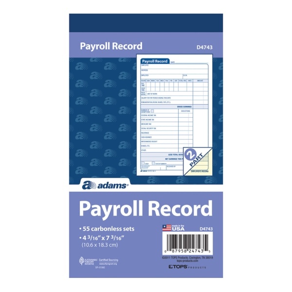 slide 1 of 2, Adams Carbonless Employee Payroll Record Books, 2-Part, 4 3/16'' X 7 3/16'', White/Canary, 55 Sets Per Book, 5 Books Per Pack, Carton Of 5 Packs, 1 ct