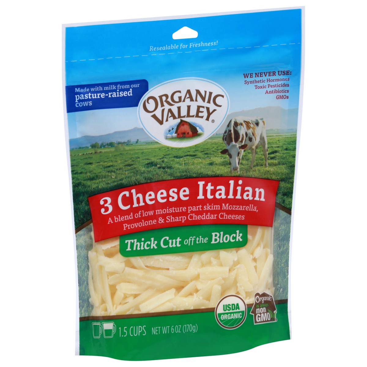 slide 8 of 9, ORGANIC VALLEY 3 Cheese Organic Thick Cut Shredded Italian Cheese Blend, 6 oz, 6 oz