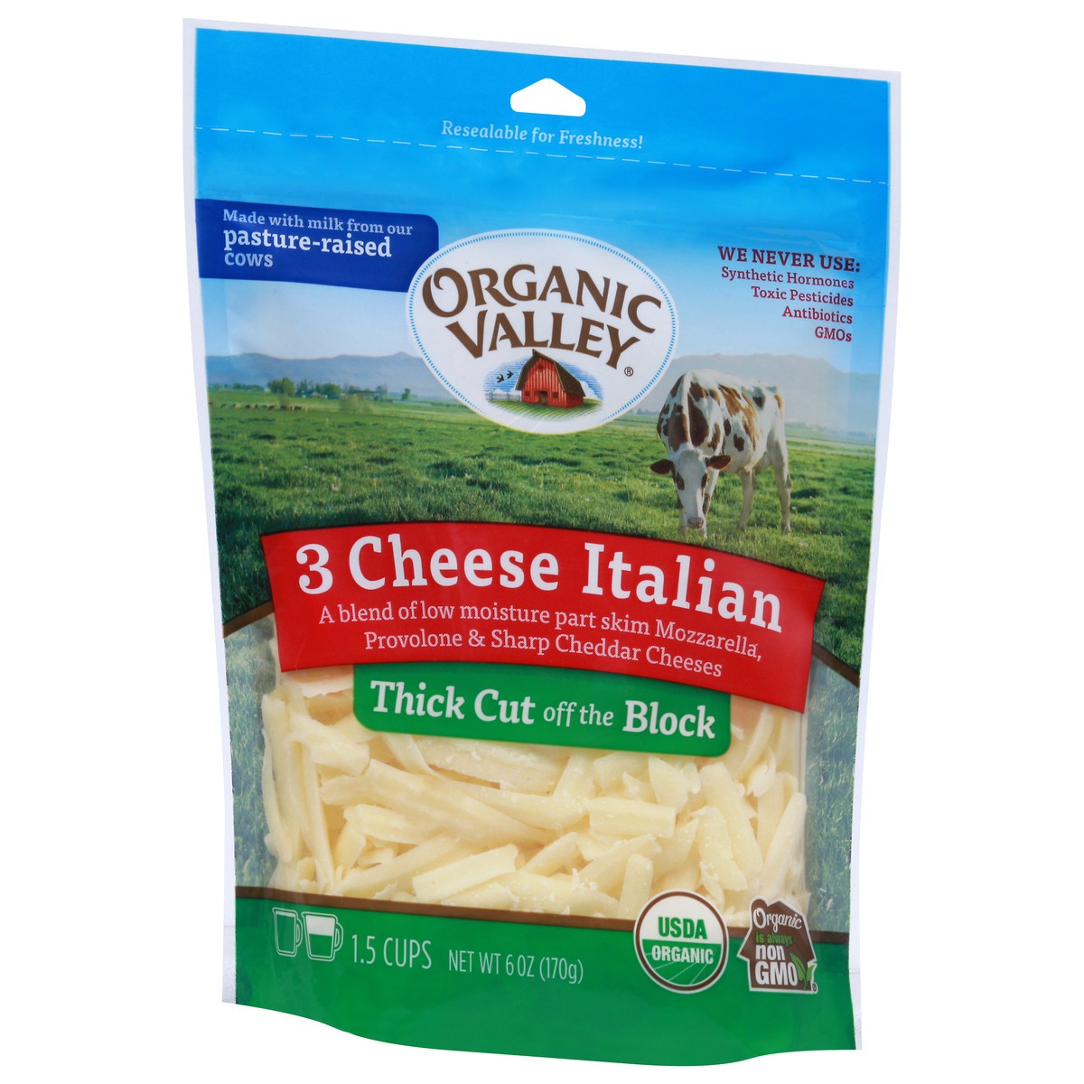 slide 5 of 9, ORGANIC VALLEY 3 Cheese Organic Thick Cut Shredded Italian Cheese Blend, 6 oz, 6 oz