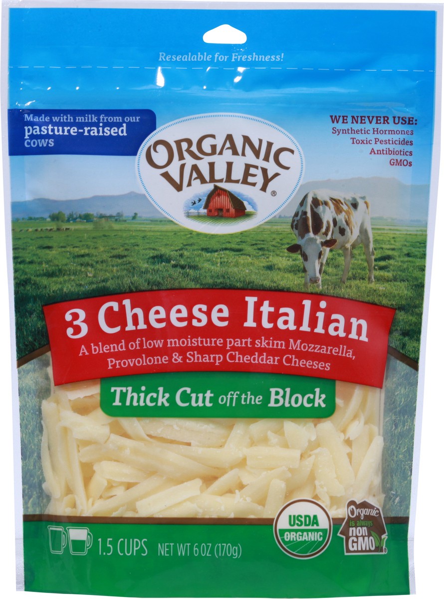 slide 3 of 9, ORGANIC VALLEY 3 Cheese Organic Thick Cut Shredded Italian Cheese Blend, 6 oz, 6 oz