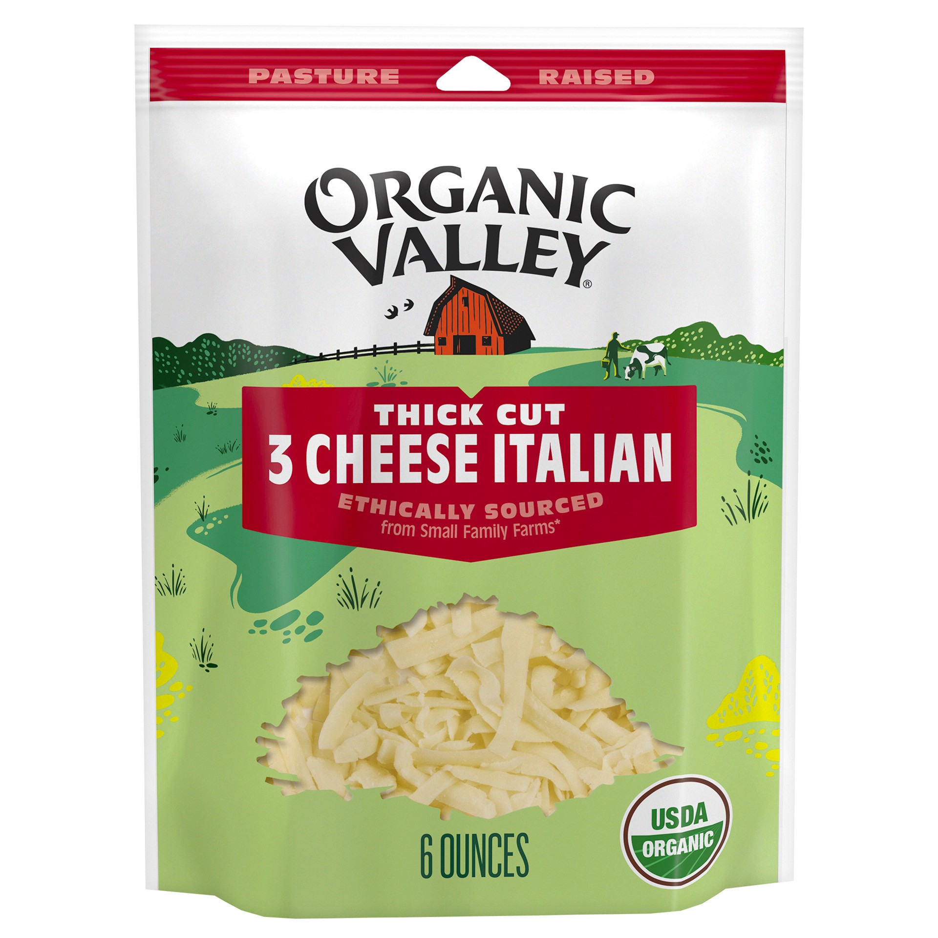 slide 1 of 9, ORGANIC VALLEY 3 Cheese Organic Thick Cut Shredded Italian Cheese Blend, 6 oz, 6 oz