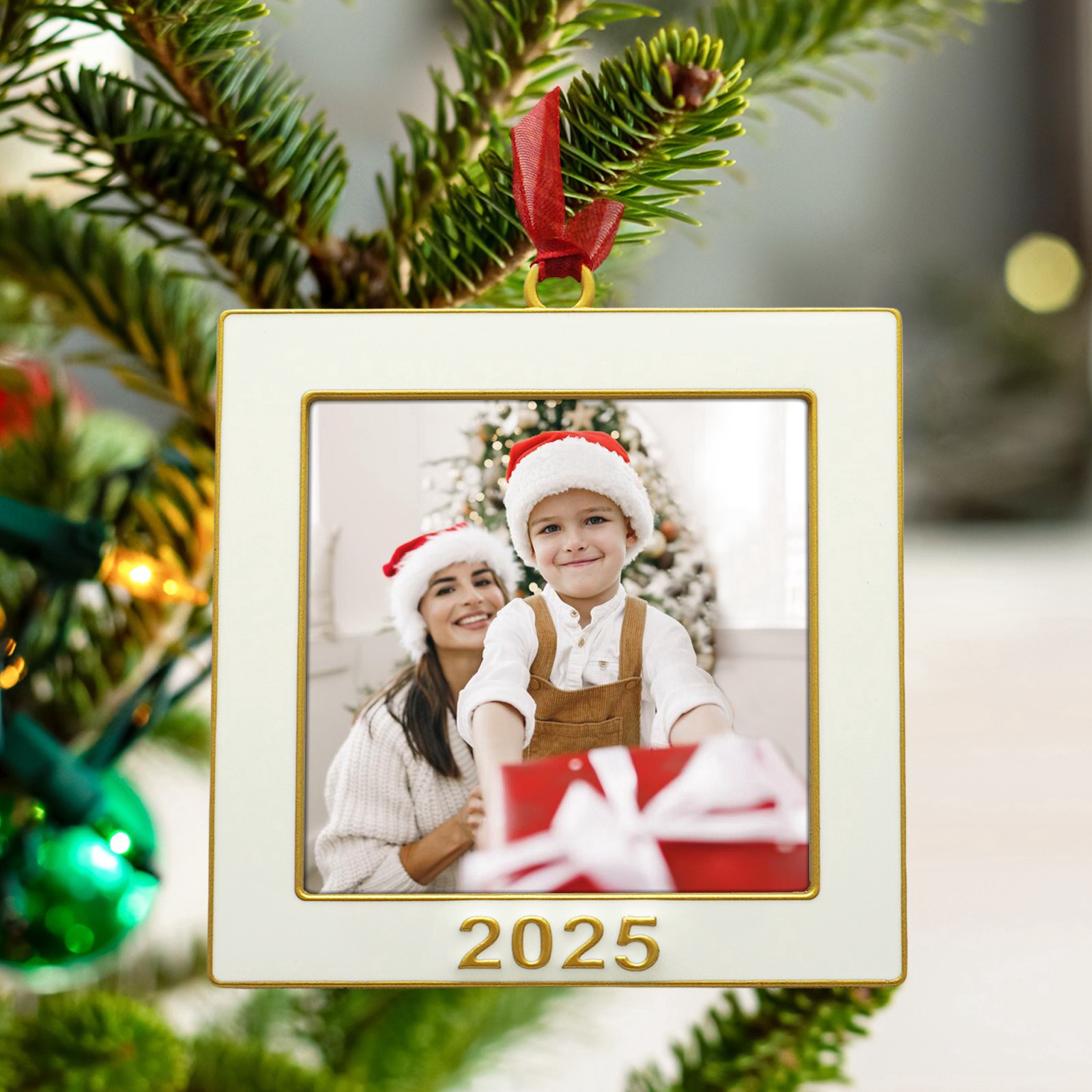 slide 3 of 3, 2.5" X 2.5" White & Gold Square 2025 Metal Ornament Frame By Studio Decor, 2.5 in x 2.5 in