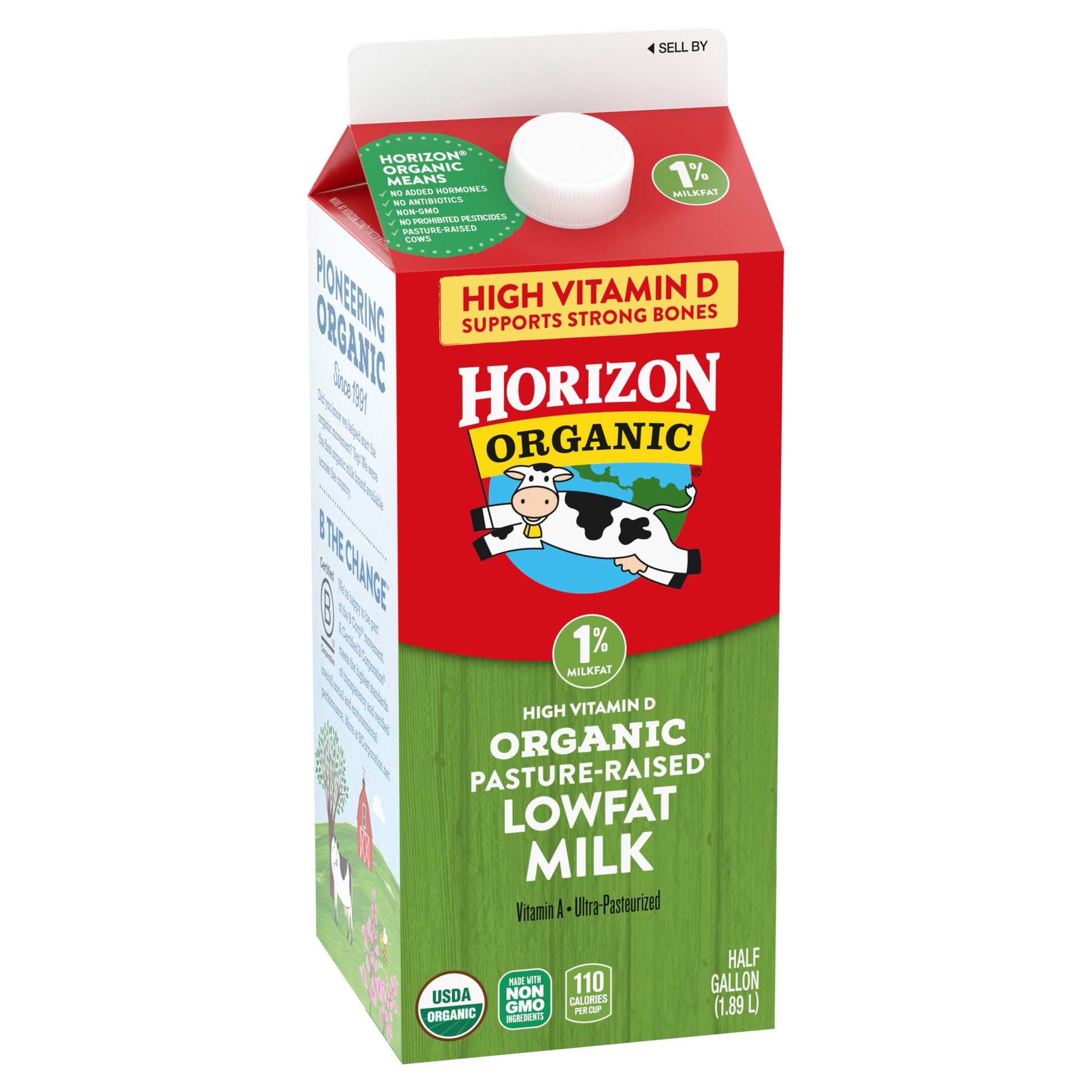slide 2 of 5, Horizon Organic High Vitamin D 1 Percent Milk, High Vitamin D Lowfat Milk, 64 FL OZ Half Gallon Carton, 1/2 gal