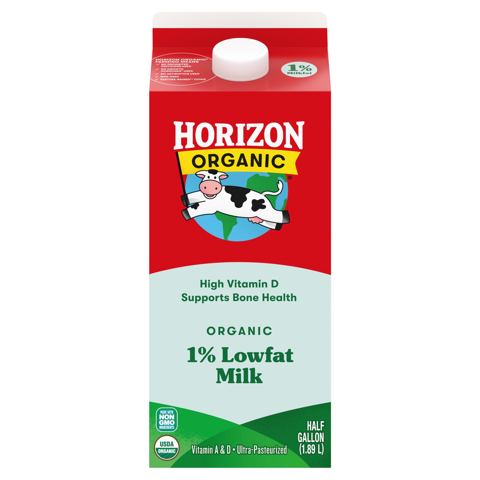 slide 1 of 5, Horizon Organic High Vitamin D 1 Percent Milk, High Vitamin D Lowfat Milk, 64 FL OZ Half Gallon Carton, 1/2 gal