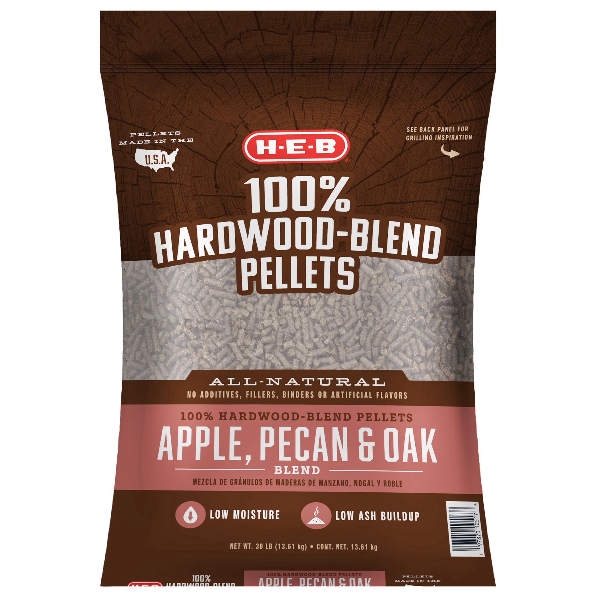 slide 1 of 1, H-E-B 100% Hardwood-Blend Pellets - Apple Pecan & Oak, 30 lb
