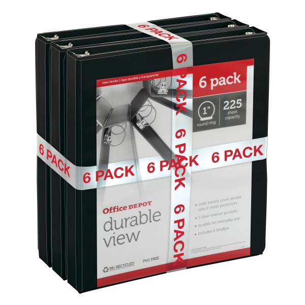 slide 2 of 8, Office Depot Brand Durable Round-Ring View Binders, 1'' Rings, Black, Pack Of 6, 6 ct