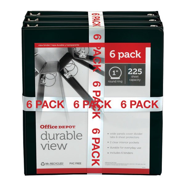 slide 4 of 8, Office Depot Brand Durable Round-Ring View Binders, 1'' Rings, Black, Pack Of 6, 6 ct