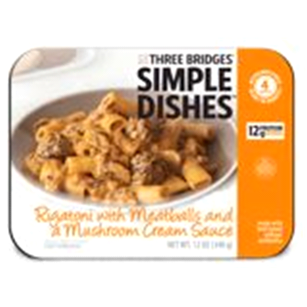 slide 1 of 1, Three Bridges Simple Dishes Rigatoni with Meatballs and Mushroom Cream Sauce, 12 oz