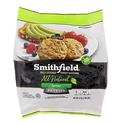 slide 1 of 1, Smithfield Fully Cooked All Natural Turkey Sausage Patties, 17 oz