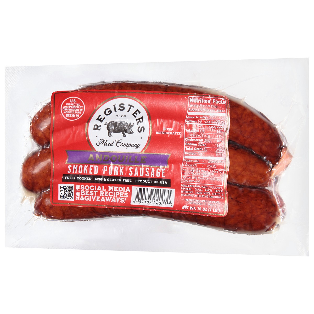 slide 8 of 9, Registers Meat Company Registers Sausage, Andouille, Smoked, 16 oz