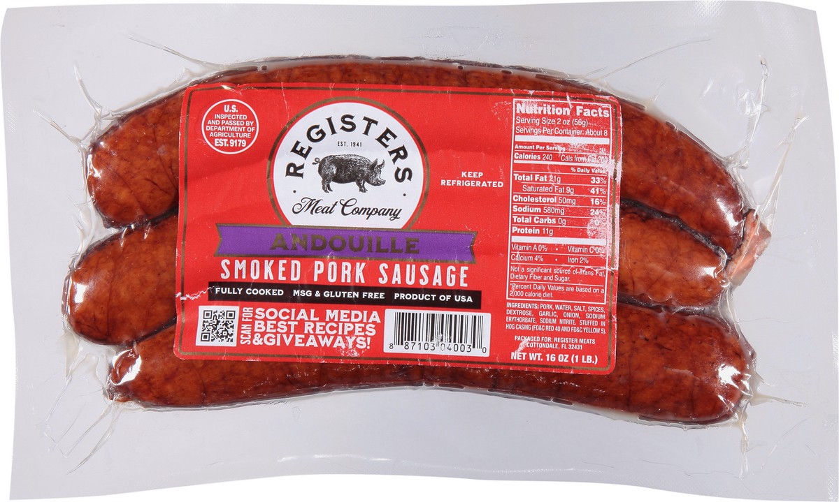 slide 6 of 9, Registers Meat Company Registers Sausage, Andouille, Smoked, 16 oz