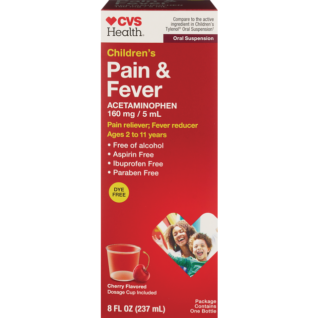 slide 1 of 1, CVS Health Cvs Children's Pain & Fever Liquid Dye Free Cherry, 8 Oz, 8 oz