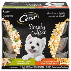 CESAR Simply Crafted Adult Wet Dog Food Meal Topper Variety Pack, Chicken, Carrots, Potatoes & Peas and Chicken, Sweet Potato, Apple, Barley & Spinach, (8) 1.3 oz. Tubs