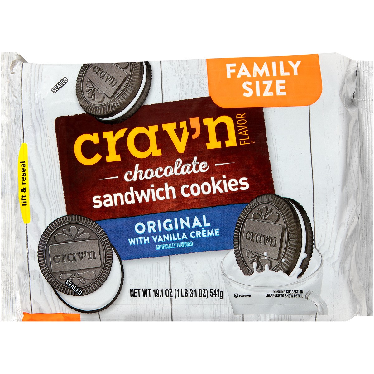 slide 1 of 10, Crav'n Flavor Family Size Original with Vanilla Creme Chocolate Sandwich Cookies, 19.1 oz