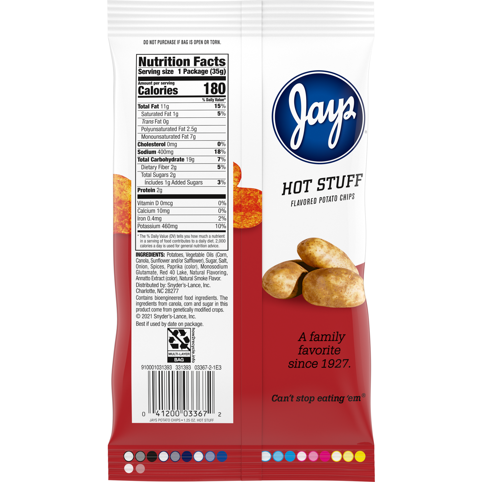 slide 5 of 5, Jays Hot Stuff Potato Chips, 1.25 oz Snack Bag, 1.25 oz