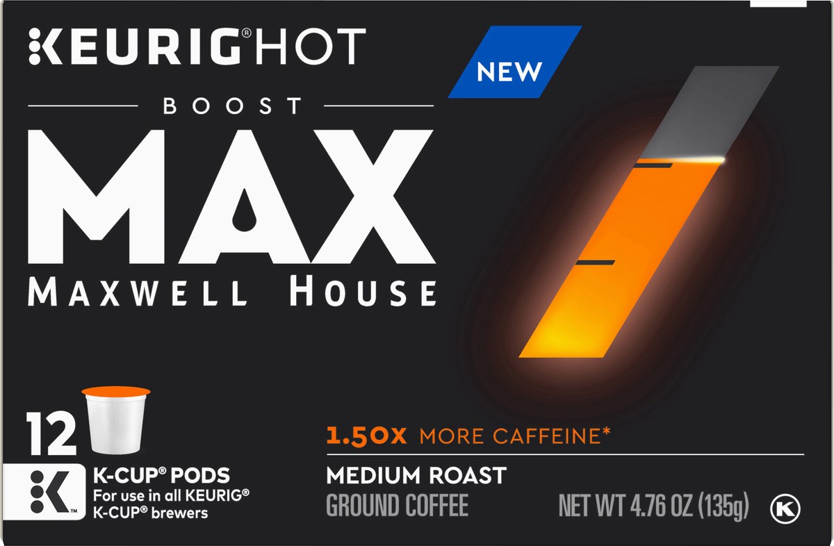 slide 4 of 12, Maxwell House Max Boost Medium Roast K-Cup Coffee Pods with 1.50X More Caffeine, 12 ct Box, 12 ct