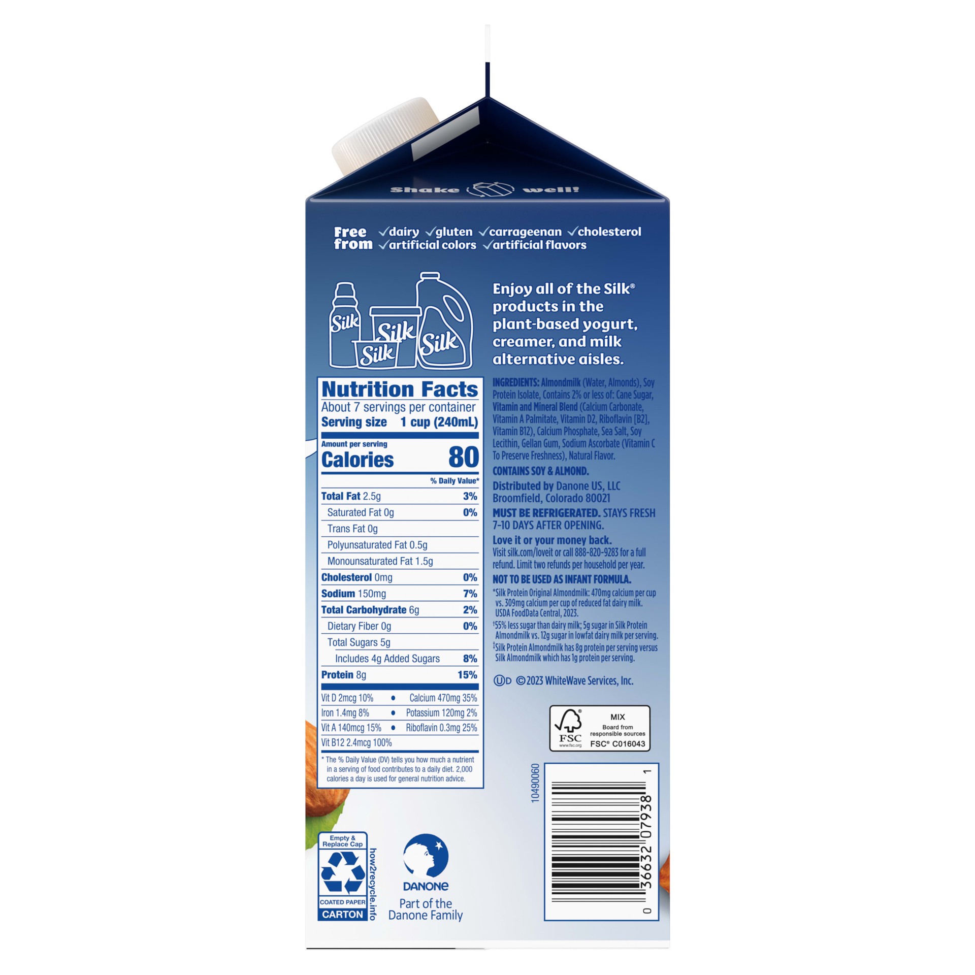 slide 3 of 5, Silk Original Protein Almond Milk, Dairy Free, Gluten Free, 59 FL OZ Carton, 59 fl oz