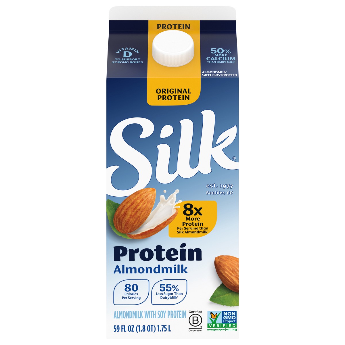 slide 1 of 5, Silk Original Protein Almond Milk, Dairy Free, Gluten Free, 59 FL OZ Carton, 59 fl oz