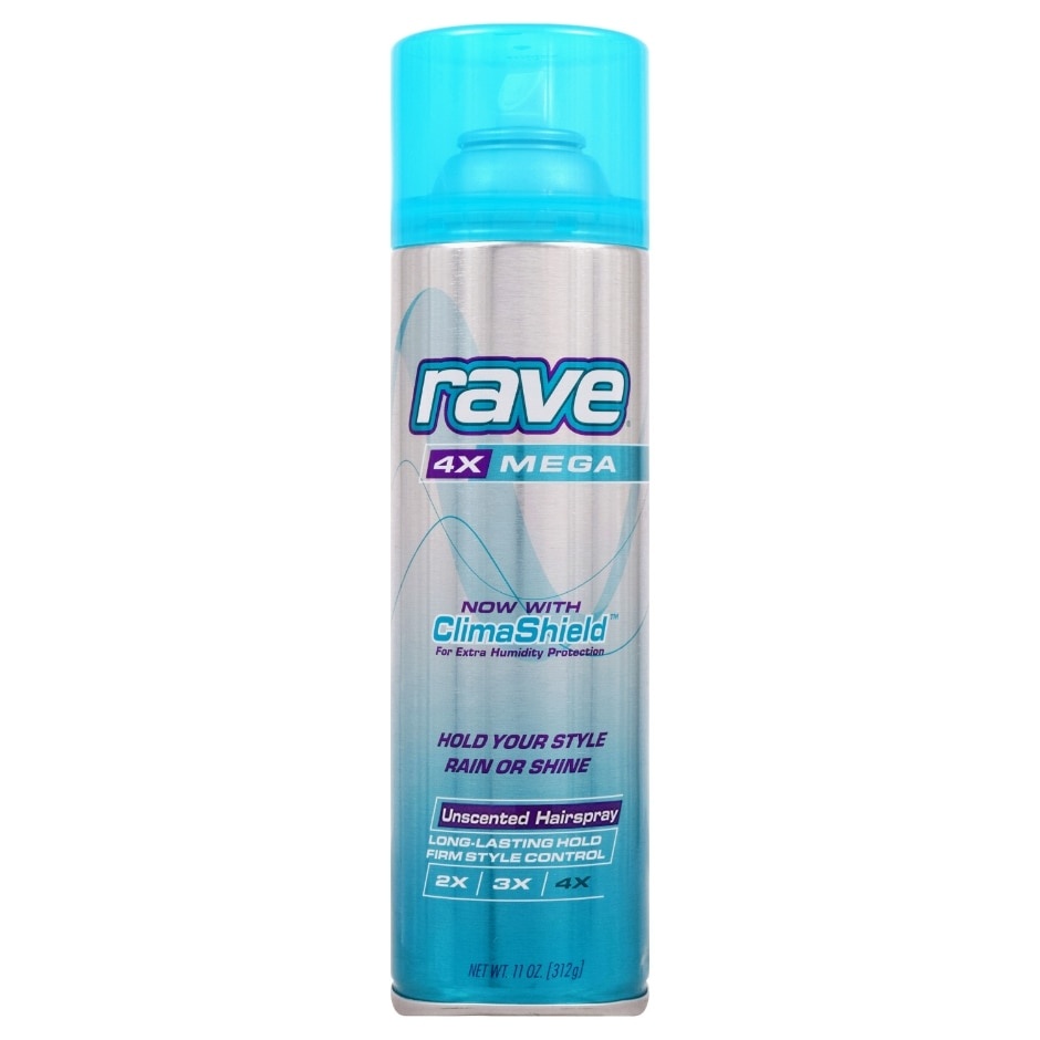 slide 1 of 1, Rave Unscented 4X Mega Hairspray, 11 oz