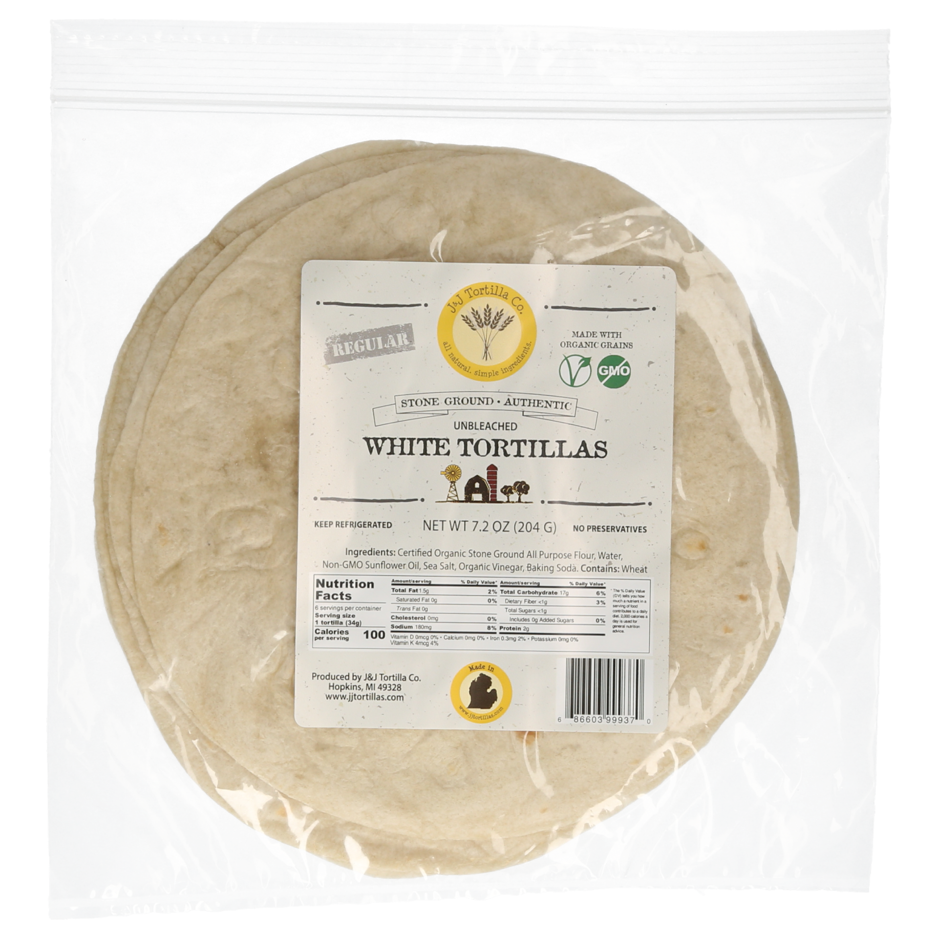 slide 1 of 1, J&J White Tortillas Orgagnic, 7.2 oz