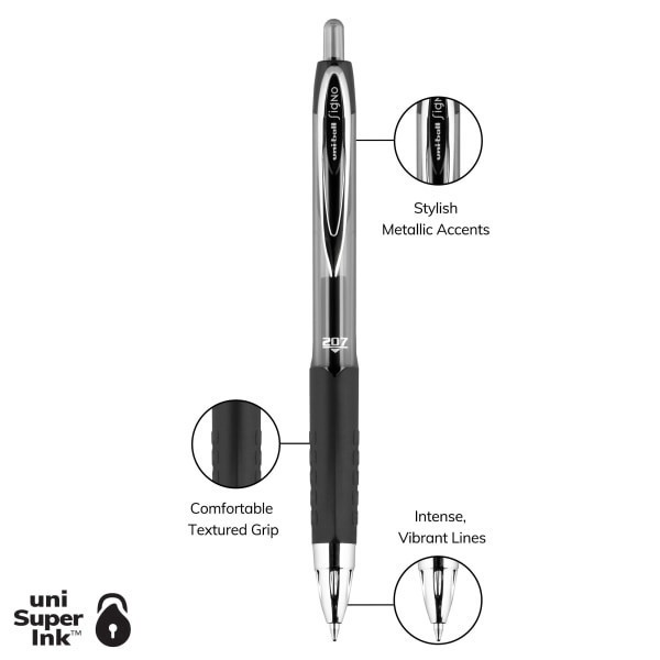 slide 4 of 9, uni-ball 207 Retractable Fraud Prevention Gel Pens, Medium Point, 0.7 Mm, Black Barrels, Black Ink, Pack Of 12 Pens, 12 ct