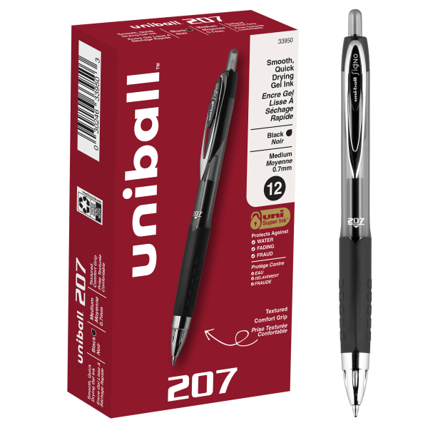 slide 1 of 9, uni-ball 207 Retractable Fraud Prevention Gel Pens, Medium Point, 0.7 Mm, Black Barrels, Black Ink, Pack Of 12 Pens, 12 ct