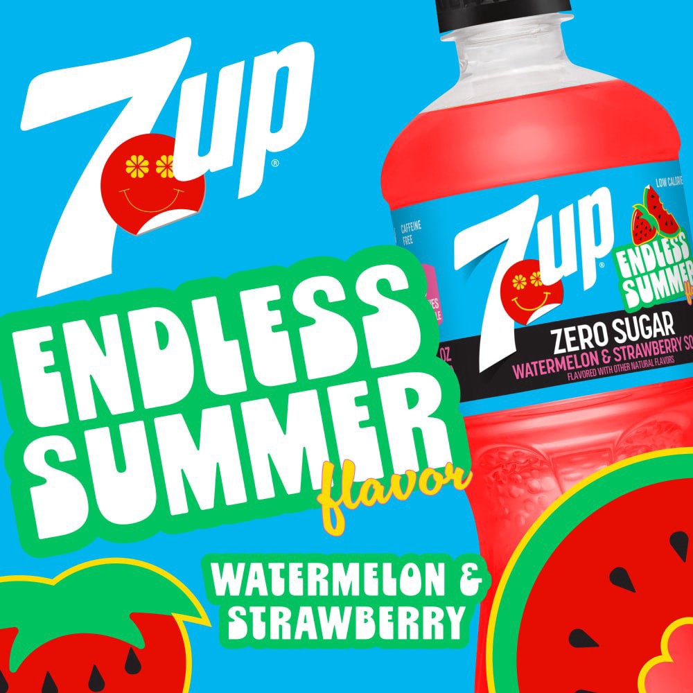 slide 4 of 4, 7UP Zero Sugar Caffeine Free Watermelon Strawberry Soda Bottle, 20 fl oz