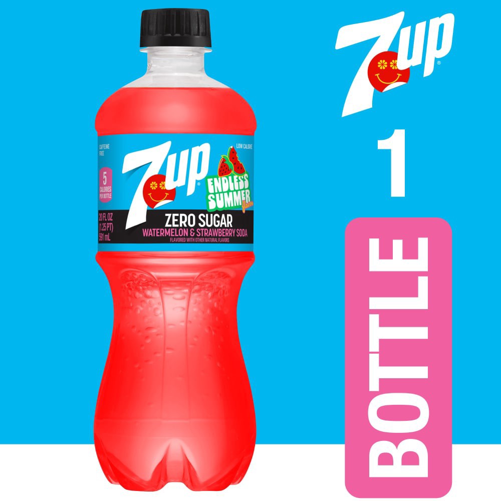 slide 3 of 4, 7UP Zero Sugar Caffeine Free Watermelon Strawberry Soda Bottle, 20 fl oz