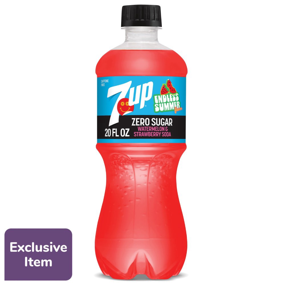 slide 1 of 4, 7UP Zero Sugar Caffeine Free Watermelon Strawberry Soda Bottle, 20 fl oz