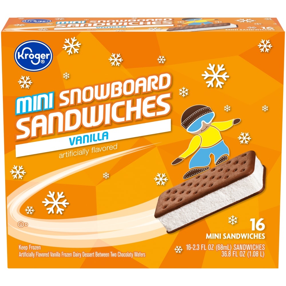 slide 1 of 1, Kroger Vanilla Mini Snowboard Sandwiches 16 Count, 36.8 fl oz