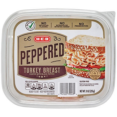 slide 1 of 1, H-E-B Smoked Peppered Turkey Breast, 9 oz