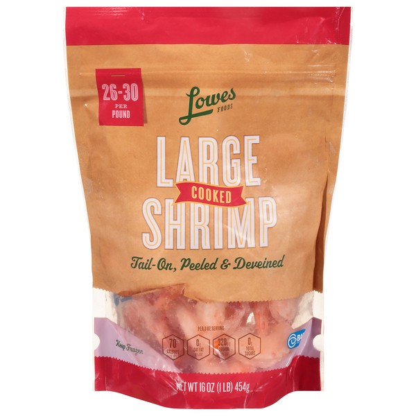slide 1 of 1, Lowes Foods 26/30 Cooked Tail On Shrimp, 16 oz