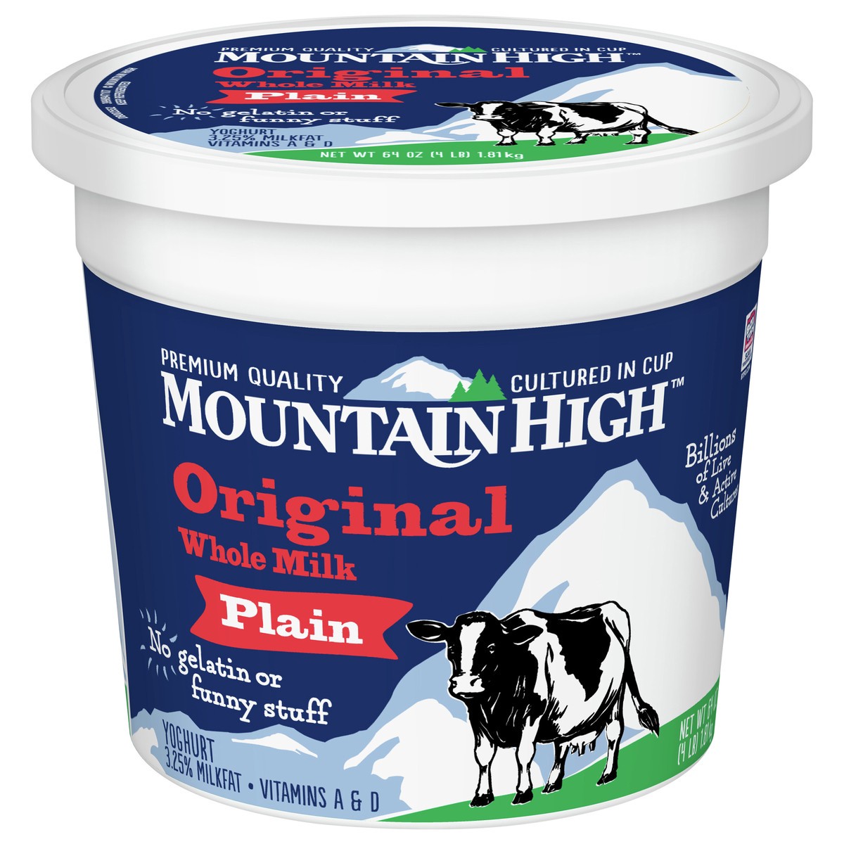 slide 1 of 4, Mountain High, Original Whole Milk Yogurt, Plain, Gluten Free Snacks, 64 OZ Yogurt Container, 64 oz