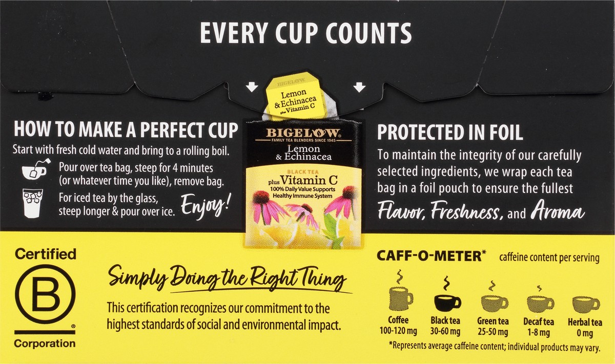 slide 8 of 9, Bigelow Black Tea, Lemon & Echinacea, Plus Vitamin C, Tea Bags, 18 ct