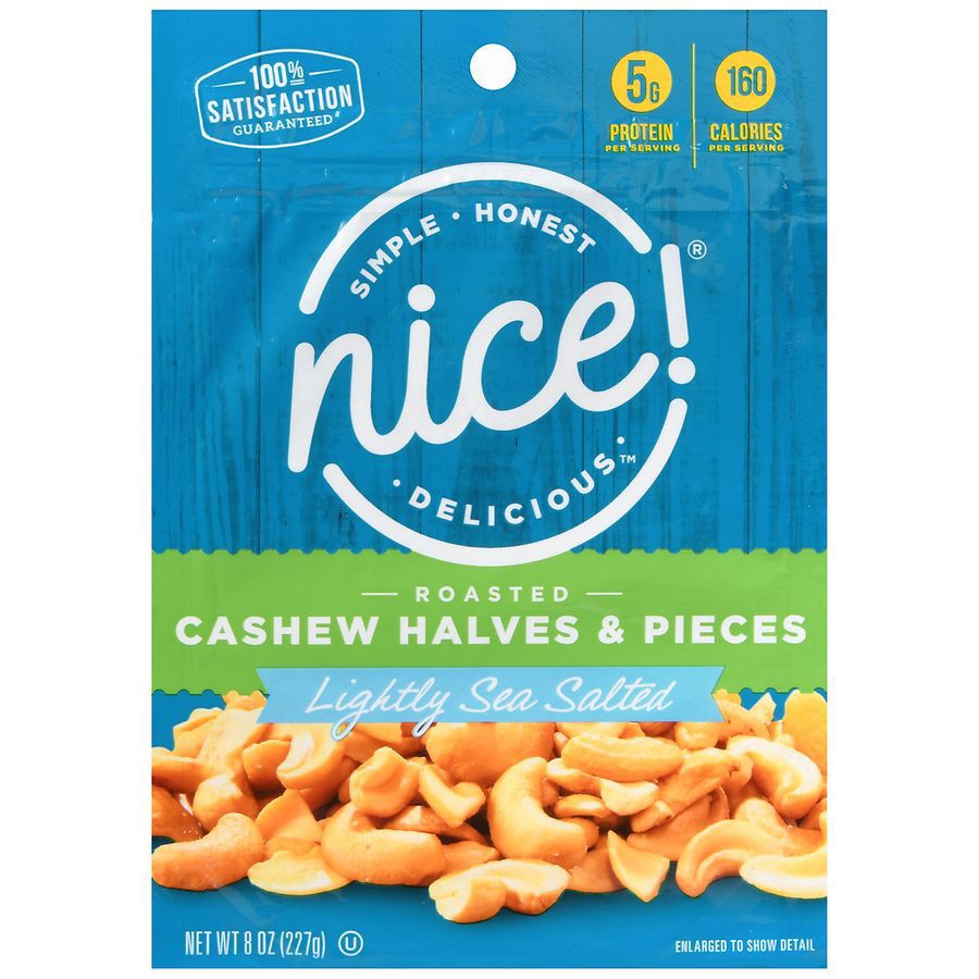 slide 3 of 5, Nice! Roasted Cashew Halves & Pieces Lightly Sea Salted, 8 oz