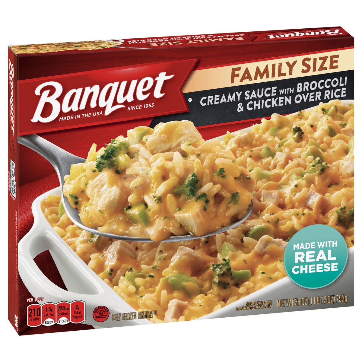 slide 4 of 9, Banquet Family Size Creamy Sauce with Broccoli and Chicken Over Rice, Frozen Meal, 28 OZ, 28 oz