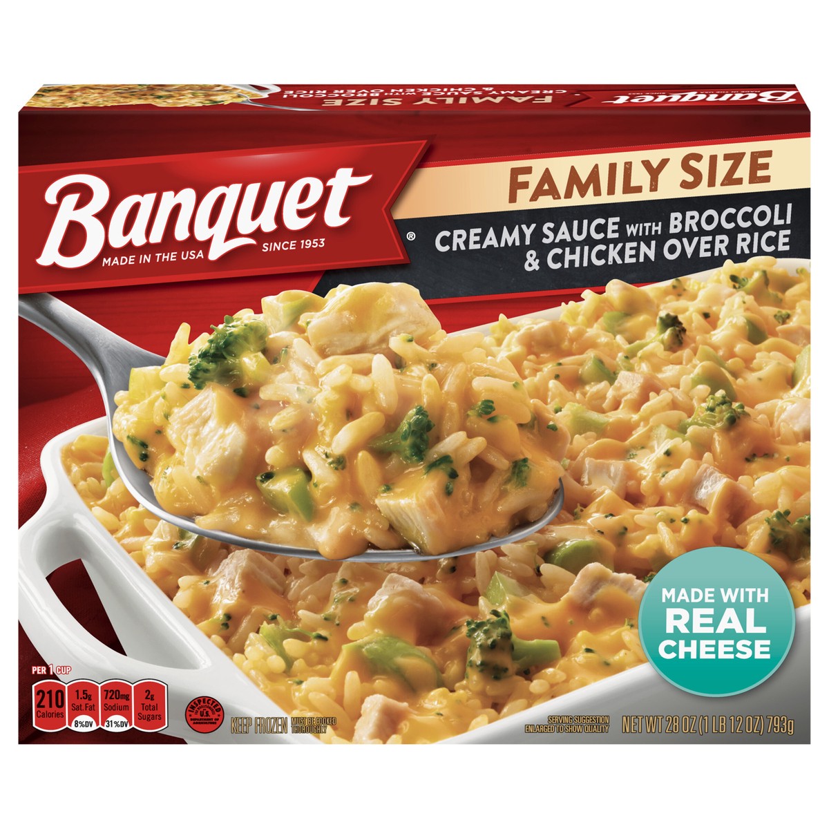 slide 1 of 9, Banquet Family Size Creamy Sauce with Broccoli and Chicken Over Rice, Frozen Meal, 28 OZ, 28 oz