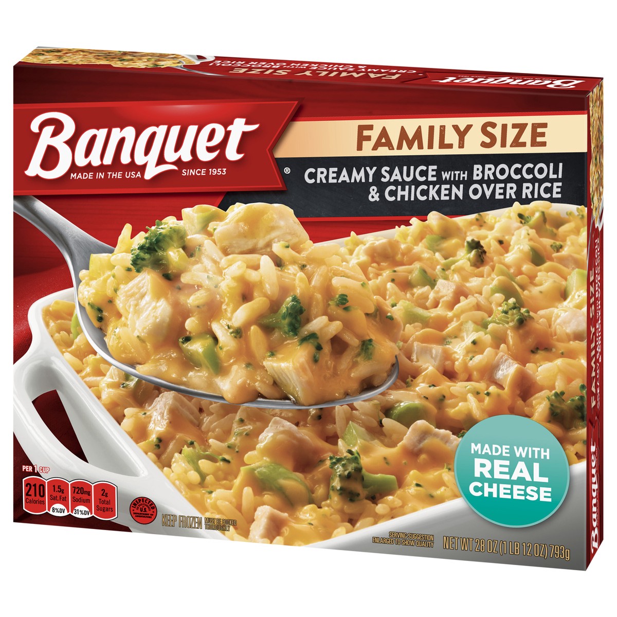 slide 7 of 9, Banquet Family Size Creamy Sauce with Broccoli and Chicken Over Rice, Frozen Meal, 28 OZ, 28 oz